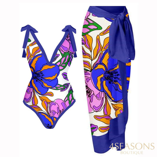 Sexy Printed Bikini Set Lace Up Chic One Piece Swimsuit With Cover-Ups Backless V-Neck Swimwear