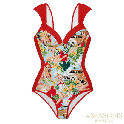Fashion Colorblock Print Swimsuit Set French Crew Neck Slim Bikini High Waist Sexy Backless Swimwear