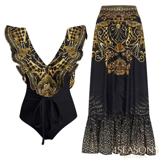 Sleeveless Ruffle V-Neck Printed Swimsuit Sexy Slim Fit Backless One Piece Bikini Chiffon Beach