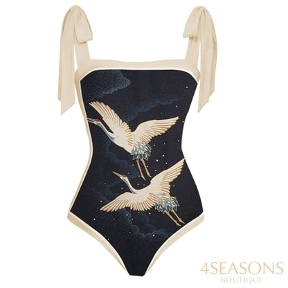 Red Crowned Crane Print Onepiece Swimsuit Luxury Micro Bikini And Cover Up Elegant Butterfly Strap