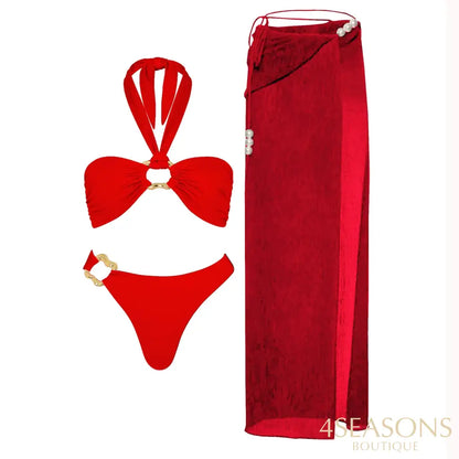 Pearls Bikini Set with Cover Up Red / S