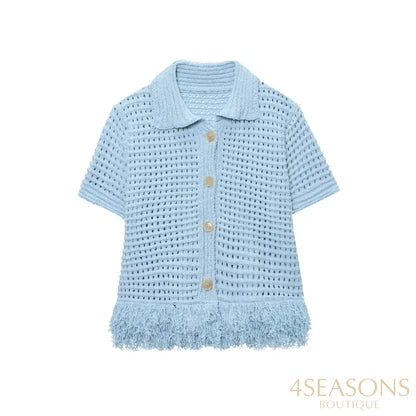 TRAFZA 2025 Spring Summer Sexy Knitted Tassel Solid Women Suit Fashion Turndown Collar Hollow Out Shirt Elastic Wasit
