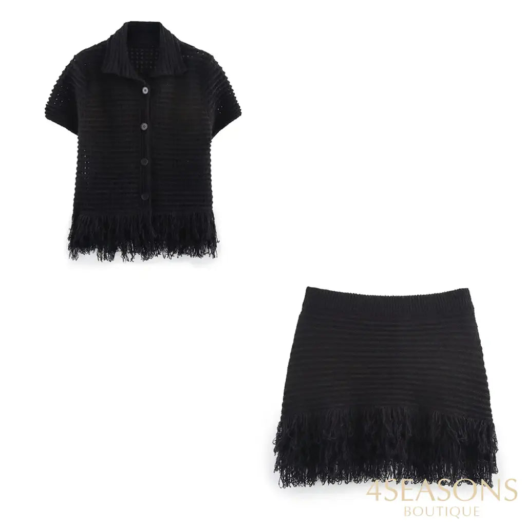 TRAFZA 2025 Spring Summer Sexy Knitted Tassel Solid Women Suit Fashion Turndown Collar Hollow Out Shirt Elastic Wasit