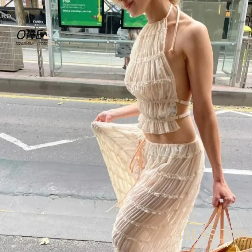 Halter Neck Long Skirt Women Sling Top Elegant Lace Up Fold Maxi Skirts Summer Pleated Sleeveless Backless Tops 2pcs
