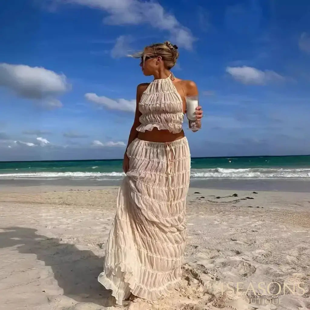 Halter Neck Long Skirt Women Sling Top Elegant Lace Up Fold Maxi Skirts Summer Pleated Sleeveless Backless Tops 2pcs