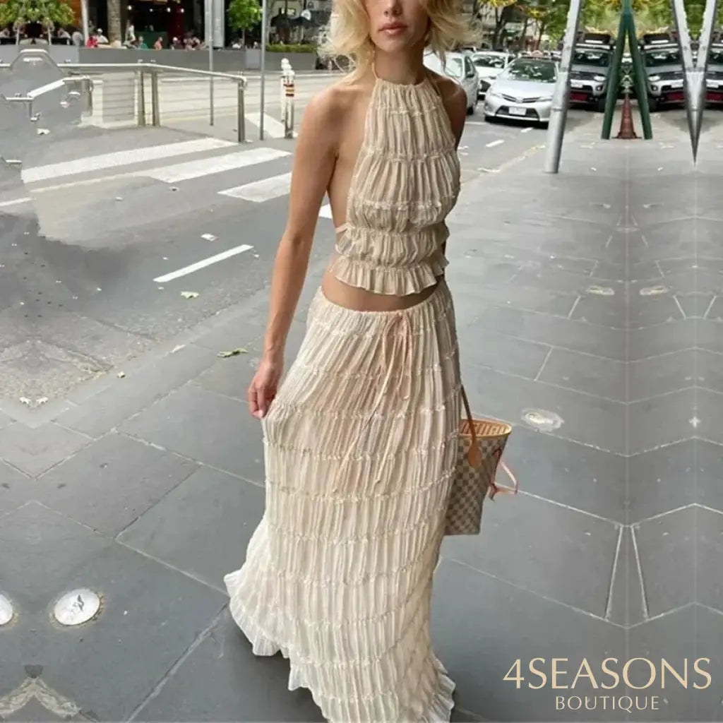 Halter Neck Long Skirt Women Sling Top Elegant Lace Up Fold Maxi Skirts Summer Pleated Sleeveless Backless Tops 2pcs