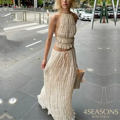 Halter Neck Long Skirt Women Sling Top Elegant Lace Up Fold Maxi Skirts Summer Pleated Sleeveless Backless Tops 2pcs
