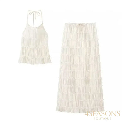 Halter Neck Long Skirt Women Sling Top Elegant Lace Up Fold Maxi Skirts Summer Pleated Sleeveless Backless Tops 2pcs
