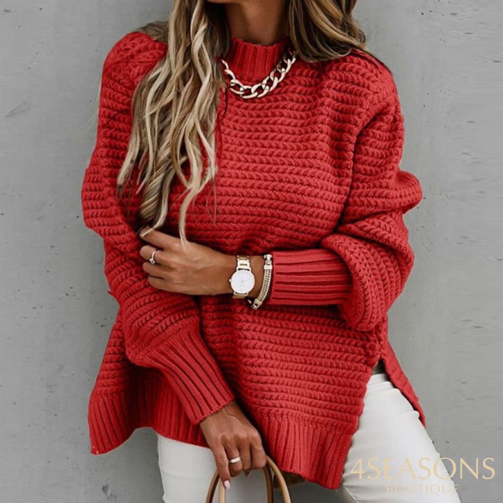 Women&#39;s Knitted Sweater Fashion Round Neck Lantern Long-Sleeved Pullover Blouse Ladies Winter