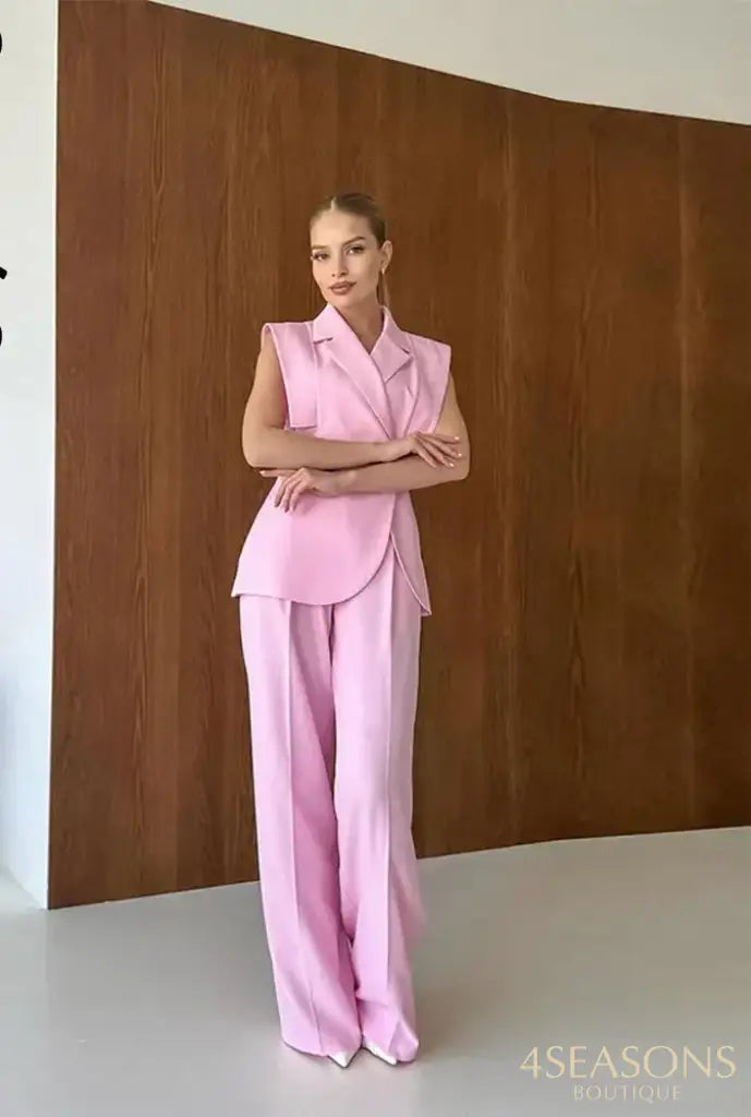 Elegant Shoulder Pads Waistcoat Pants Set Women Lapel Two Buttons Sleeveless Blazer Wide Leg Pants 2025 Summer Lady