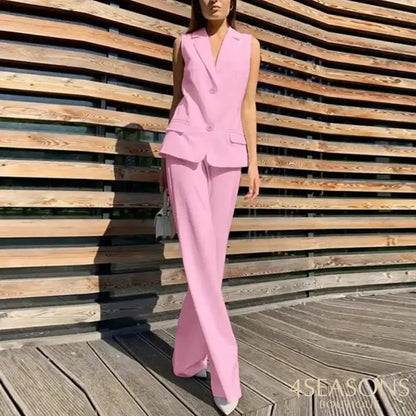 Elegant Shoulder Pads Waistcoat Pants Set Women Lapel Two Buttons Sleeveless Blazer Wide Leg Pants 2025 Summer Lady