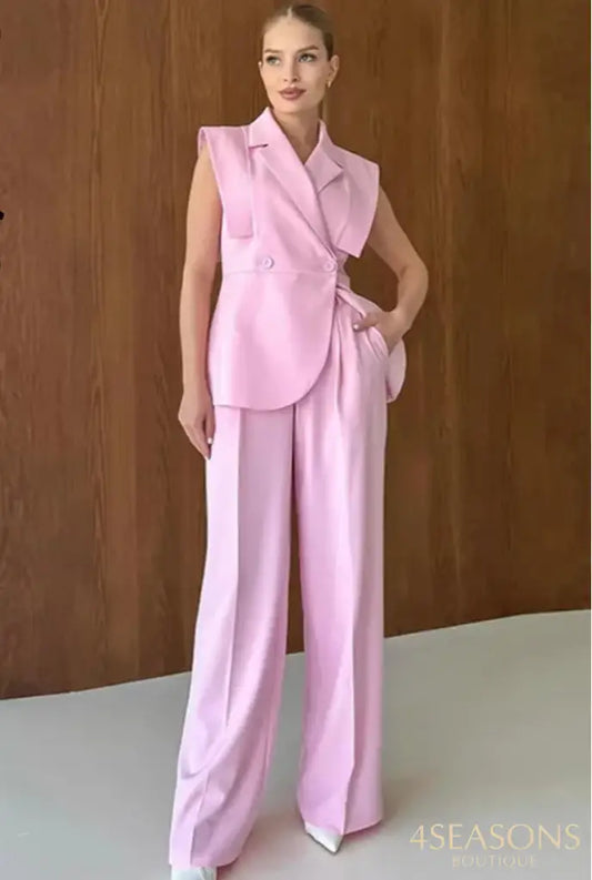 Elegant Shoulder Pads Waistcoat Pants Set Women Lapel Two Buttons Sleeveless Blazer Wide Leg Pants 2025 Summer Lady