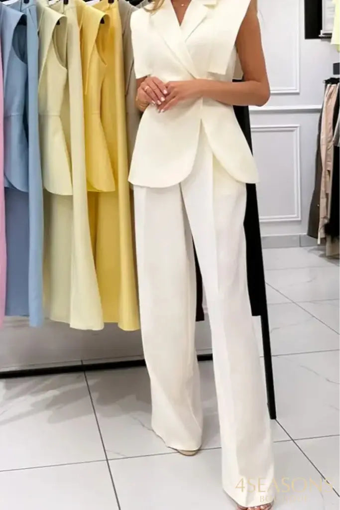 Elegant Shoulder Pads Waistcoat Pants Set Women Lapel Two Buttons Sleeveless Blazer Wide Leg Pants 2025 Summer Lady