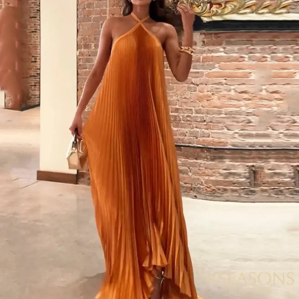 Ellafads Maxi Dress Women Summer Fashion Halter Neck Solid Sleeveless Tie Pleated Backless Loose
