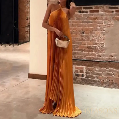 Ellafads Maxi Dress Women Summer Fashion Halter Neck Solid Sleeveless Tie Pleated Backless Loose