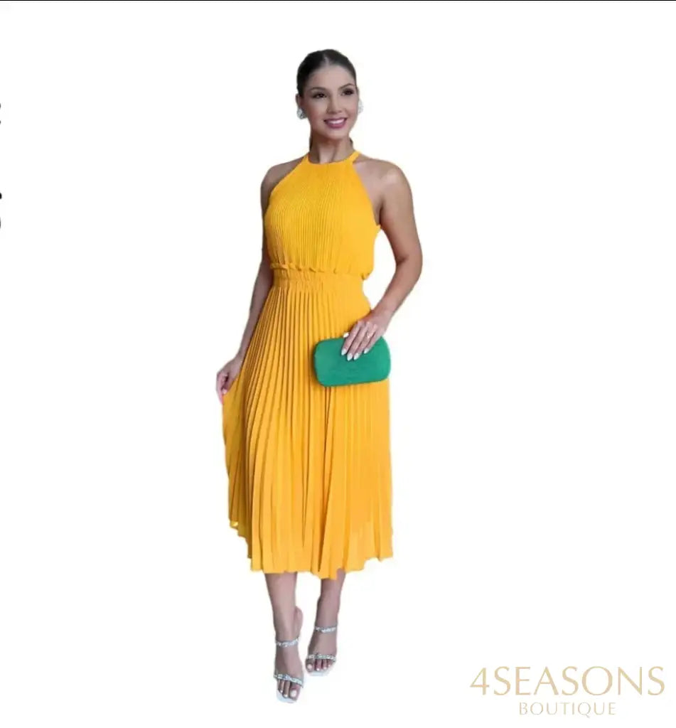Lkf New Casual Women’s Dress Solid Color Sleeveless Chiffon Temperament Pleated Waist Street