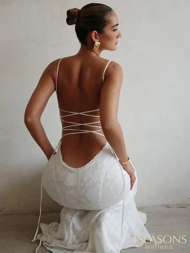Julissa Mo Sexy Backless Double Layer Women Maxi Dress White Spaghetti Strap Evening Summer Skinny