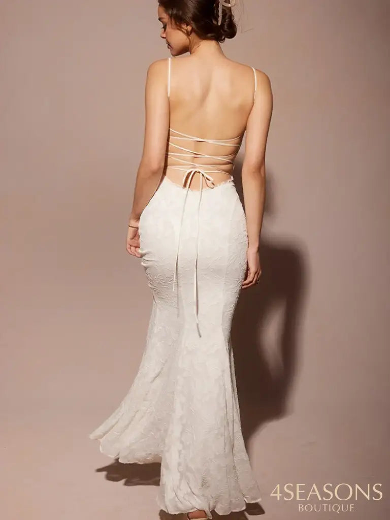 Julissa Mo Sexy Backless Double Layer Women Maxi Dress White Spaghetti Strap Evening Summer Skinny