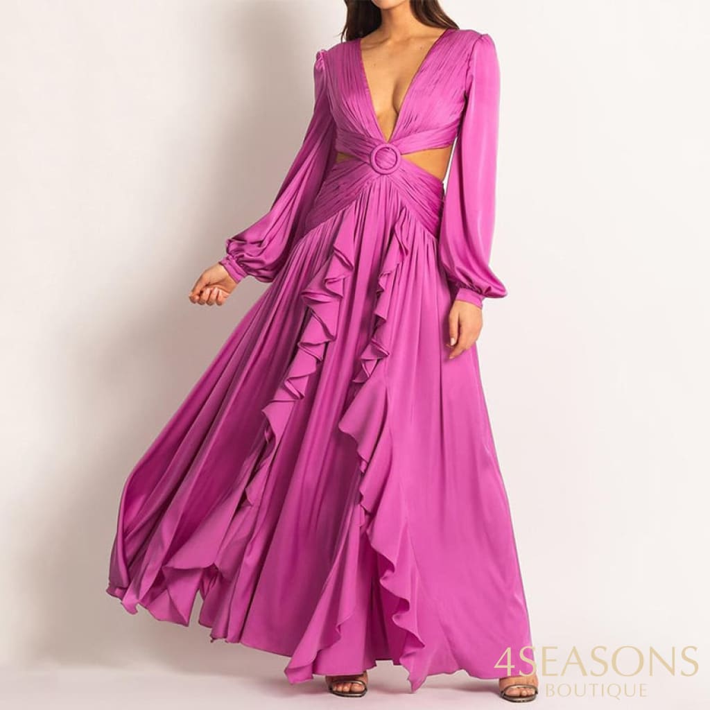 Ellafads Woman Dress High Waist V-Neck Women&#39;s Pleated Solid Color Ruffled Dresses For Women