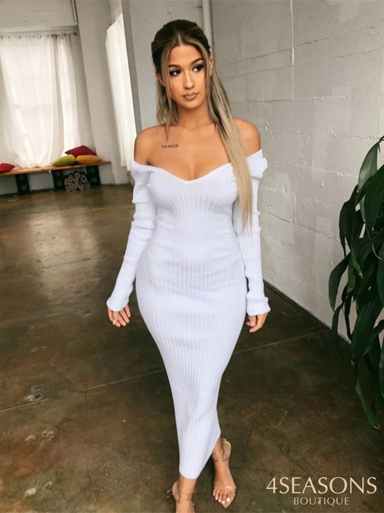 Forefair Winter Sexy Bodycon Midi Woman Dress Knitted Long Sleeve V Neck Party Elegant Robe