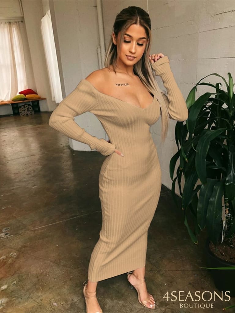 Forefair Winter Sexy Bodycon Midi Woman Dress Knitted Long Sleeve V Neck Party Elegant Robe