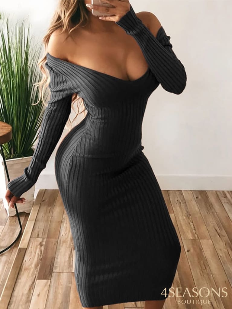 Forefair Winter Sexy Bodycon Midi Woman Dress Knitted Long Sleeve V Neck Party Elegant Robe
