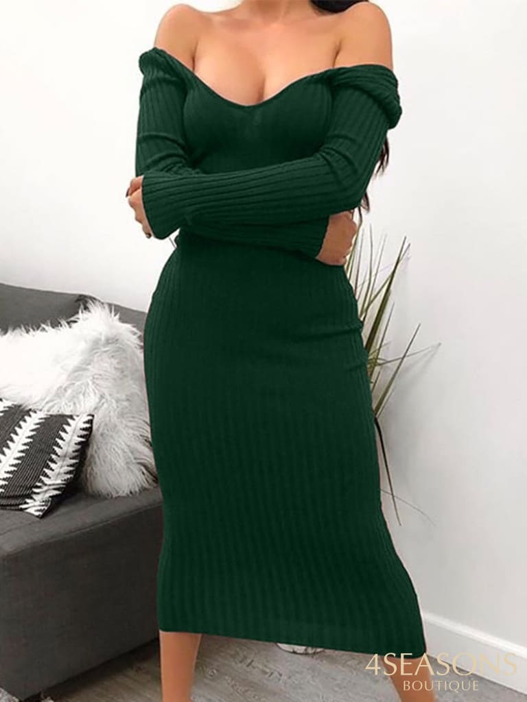 Forefair Winter Sexy Bodycon Midi Woman Dress Knitted Long Sleeve V Neck Party Elegant Robe