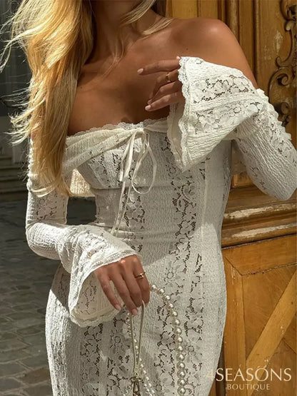 White Floral Lace Off-Shoulder Maxi Dress For Women Elegant Strapless Backless Long Sleeve Bodycon
