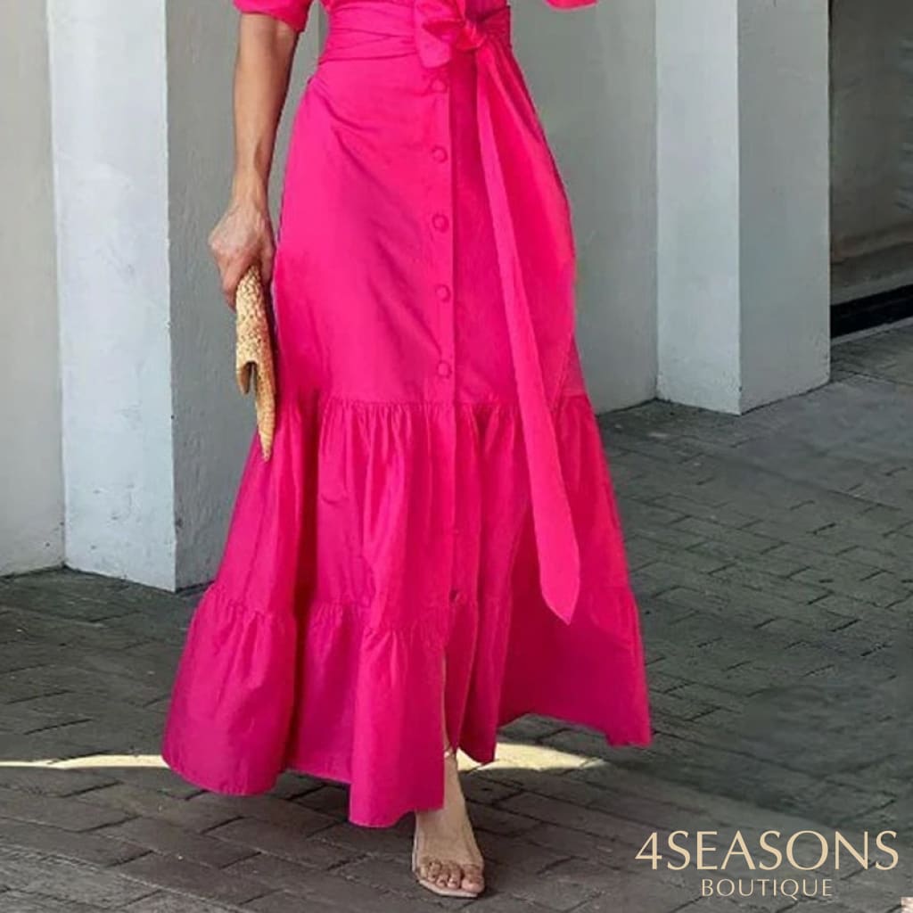 Liyong Women Maxi Dress Fashion Elegant Long Sleeve Lapel Lace Up Nipped Waist Pleated Solid Color