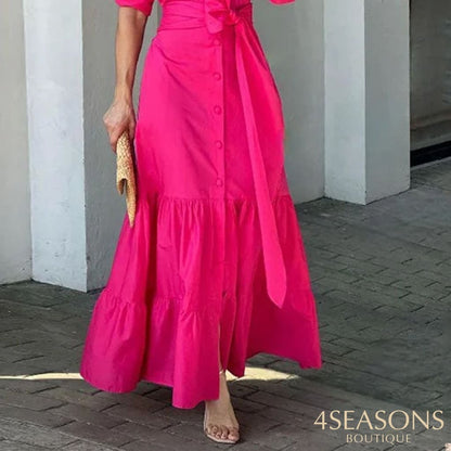 Liyong Women Maxi Dress Fashion Elegant Long Sleeve Lapel Lace Up Nipped Waist Pleated Solid Color