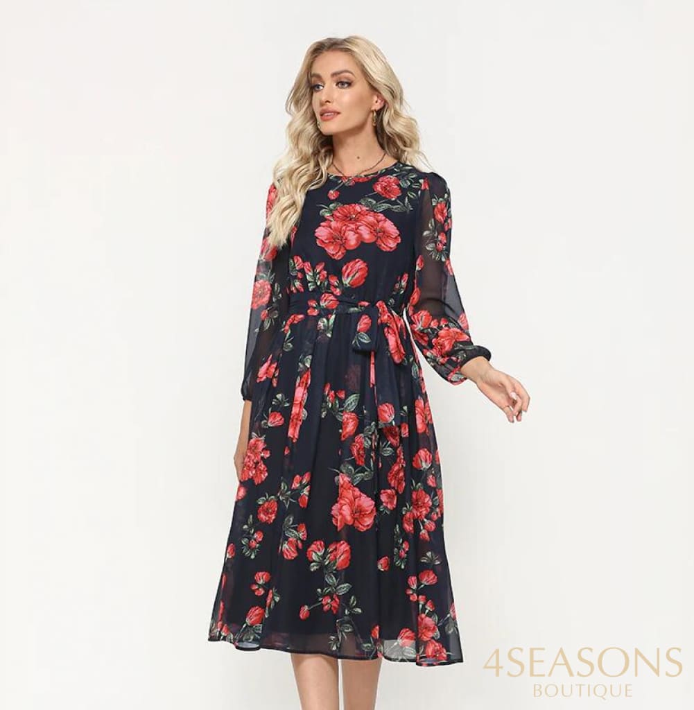 S.flavor Elegant Dot Print Long Sleeve Polka Dress O Neck Chiffon A Line Women Casual Sundress