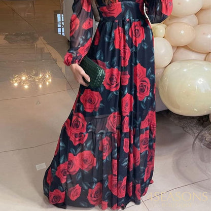 Ellafads Women Maxi Dress Autumn Elegant Fashion Long Sleeve Rose Print V Neck Nipped Waist Chiffon