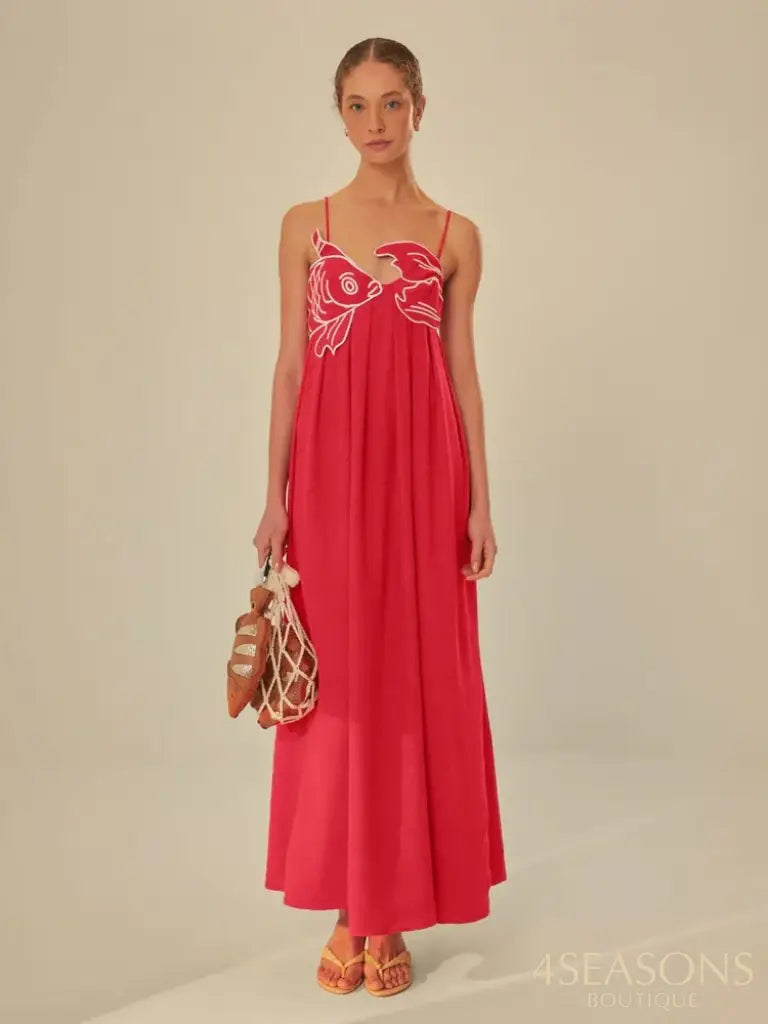 Summer 2024 New Fashion Chic Sleeveless Red Fish Shaped Bra Sling Long Dress Backless Loose Pleated