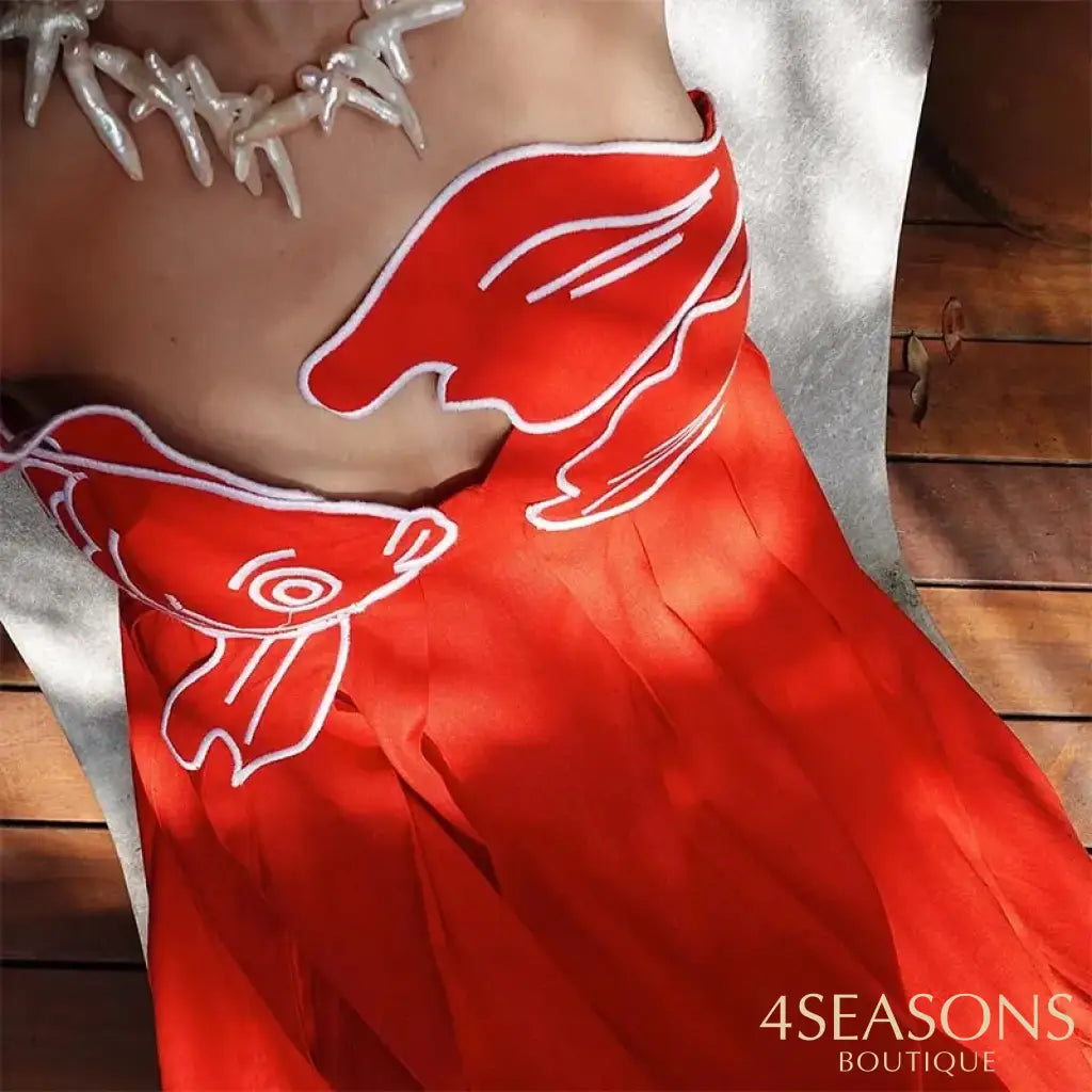 Summer 2024 New Fashion Chic Sleeveless Red Fish Shaped Bra Sling Long Dress Backless Loose Pleated