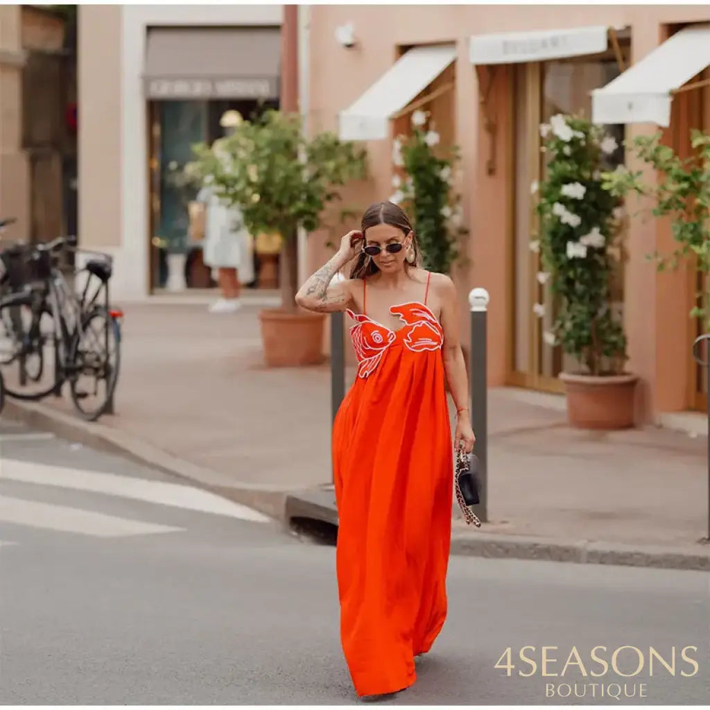 Summer 2024 New Fashion Chic Sleeveless Red Fish Shaped Bra Sling Long Dress Backless Loose Pleated