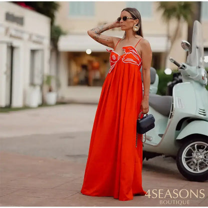 Summer 2024 New Fashion Chic Sleeveless Red Fish Shaped Bra Sling Long Dress Backless Loose Pleated