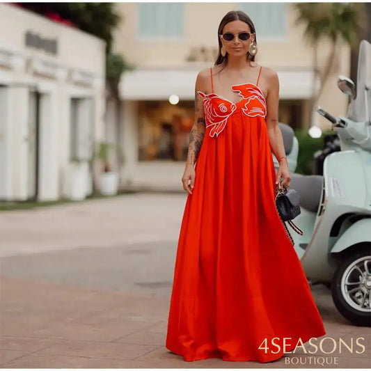 Summer 2024 New Fashion Chic Sleeveless Red Fish Shaped Bra Sling Long Dress Backless Loose Pleated