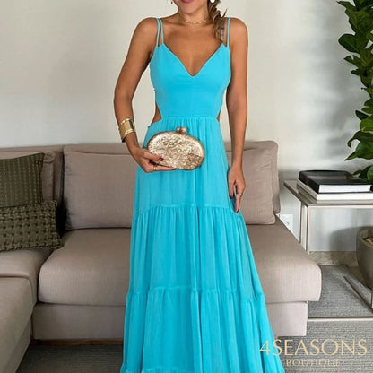 Waytobele Women Maxi Dress Summer Elegant Solid V Neck Suspender Sleeveless Hollow Out Backless Lace