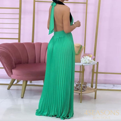 Ellafads Women Maxi Dress Summer Fashion Sexy Halter Sleeveless Backless Pleated Solid Party Long
