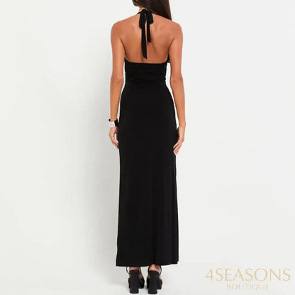 Sexy Hollow Out Maxi Dress For Women 2024 Summer Fashion Bow Halter Sleeveless Bodycon Evening