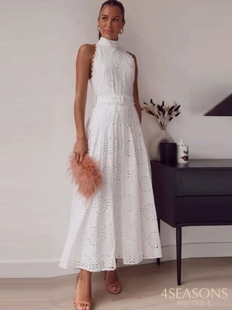 Sleeveless Hollow Out White Belt Long Dress High Waist X-Shaped Half Collar Elegant Office Lady Lace