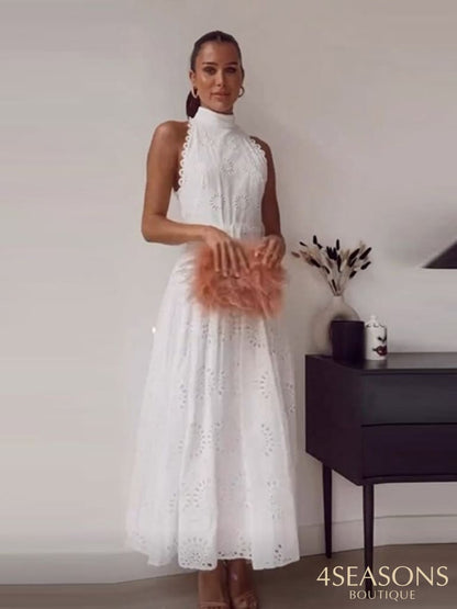 Sleeveless Hollow Out White Belt Long Dress High Waist X-Shaped Half Collar Elegant Office Lady Lace