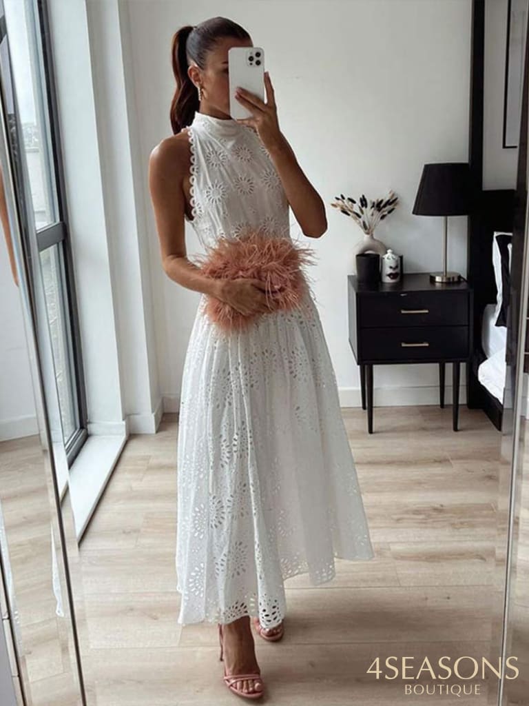 Sleeveless Hollow Out White Belt Long Dress High Waist X-Shaped Half Collar Elegant Office Lady Lace