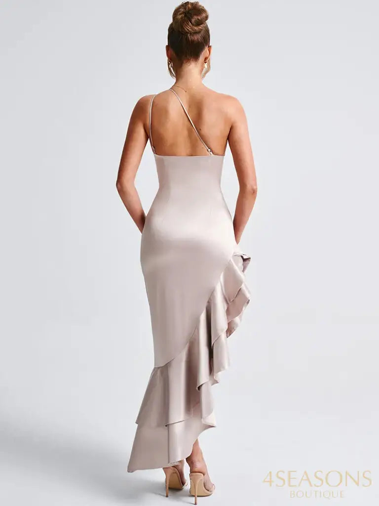 Mozision Elegant Ruffled High Split Sexy Maxi Dress Women Diagonal Collar Sleeveless Backless