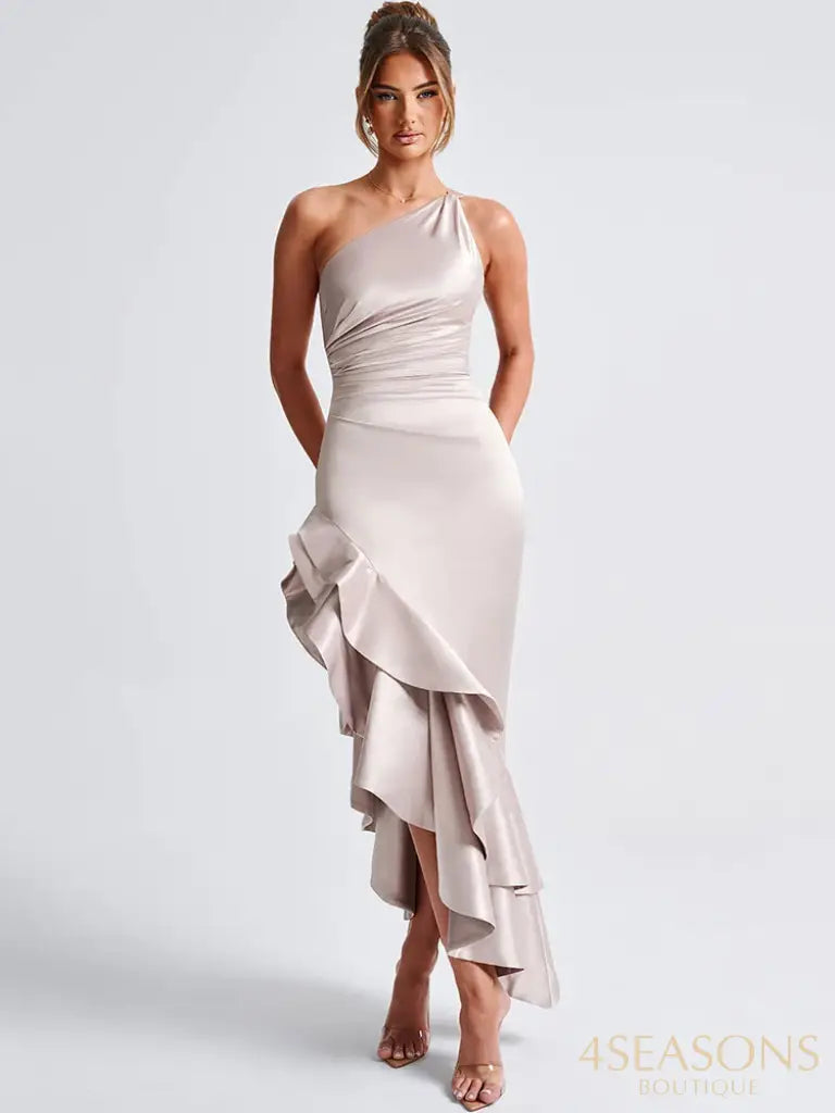 Mozision Elegant Ruffled High Split Sexy Maxi Dress Women Diagonal Collar Sleeveless Backless