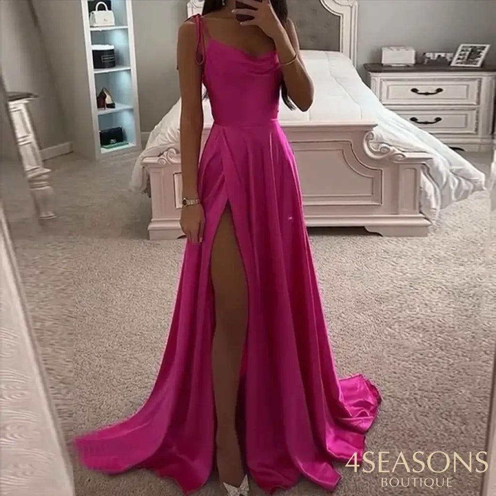 Ellafads Party Long Dress Women Summer Elegant Solid Suspender Round Neck Lace Up Slit Pleated Slim