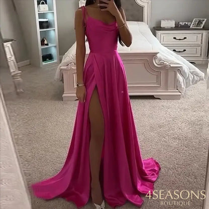 Ellafads Party Long Dress Women Summer Elegant Solid Suspender Round Neck Lace Up Slit Pleated Slim