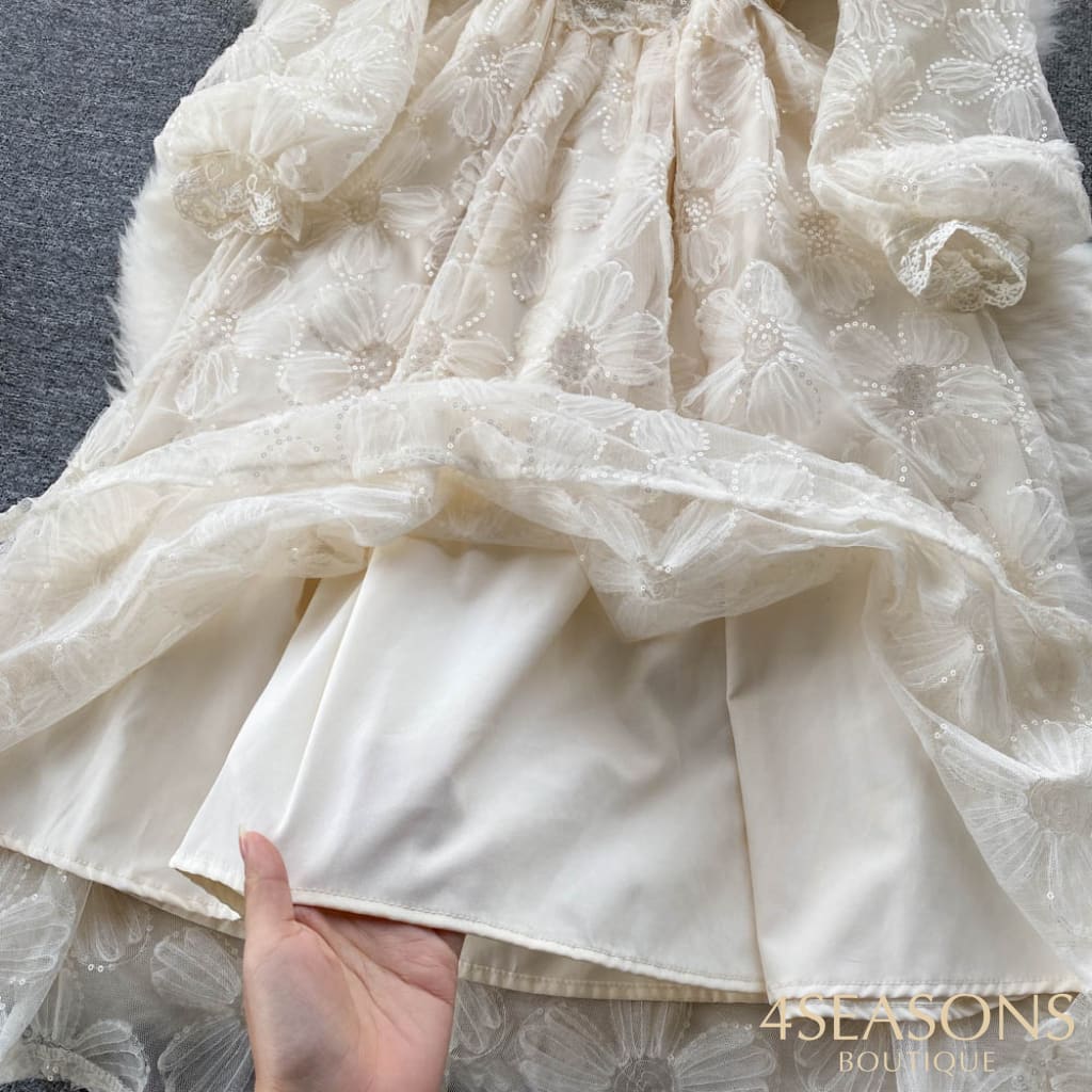 2022 Spring Elegant V-Neck Lace Sequin Dress Gentle Feminine Waist Thin Over-The-Knee Long-Sleeve