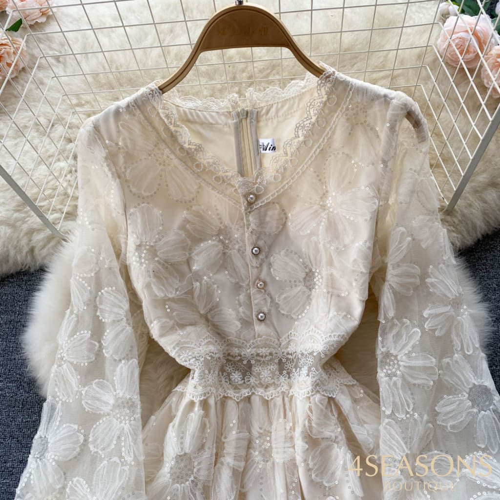 2022 Spring Elegant V-Neck Lace Sequin Dress Gentle Feminine Waist Thin Over-The-Knee Long-Sleeve