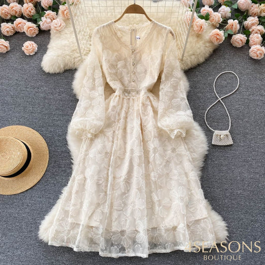 2022 Spring Elegant V-Neck Lace Sequin Dress Gentle Feminine Waist Thin Over-The-Knee Long-Sleeve